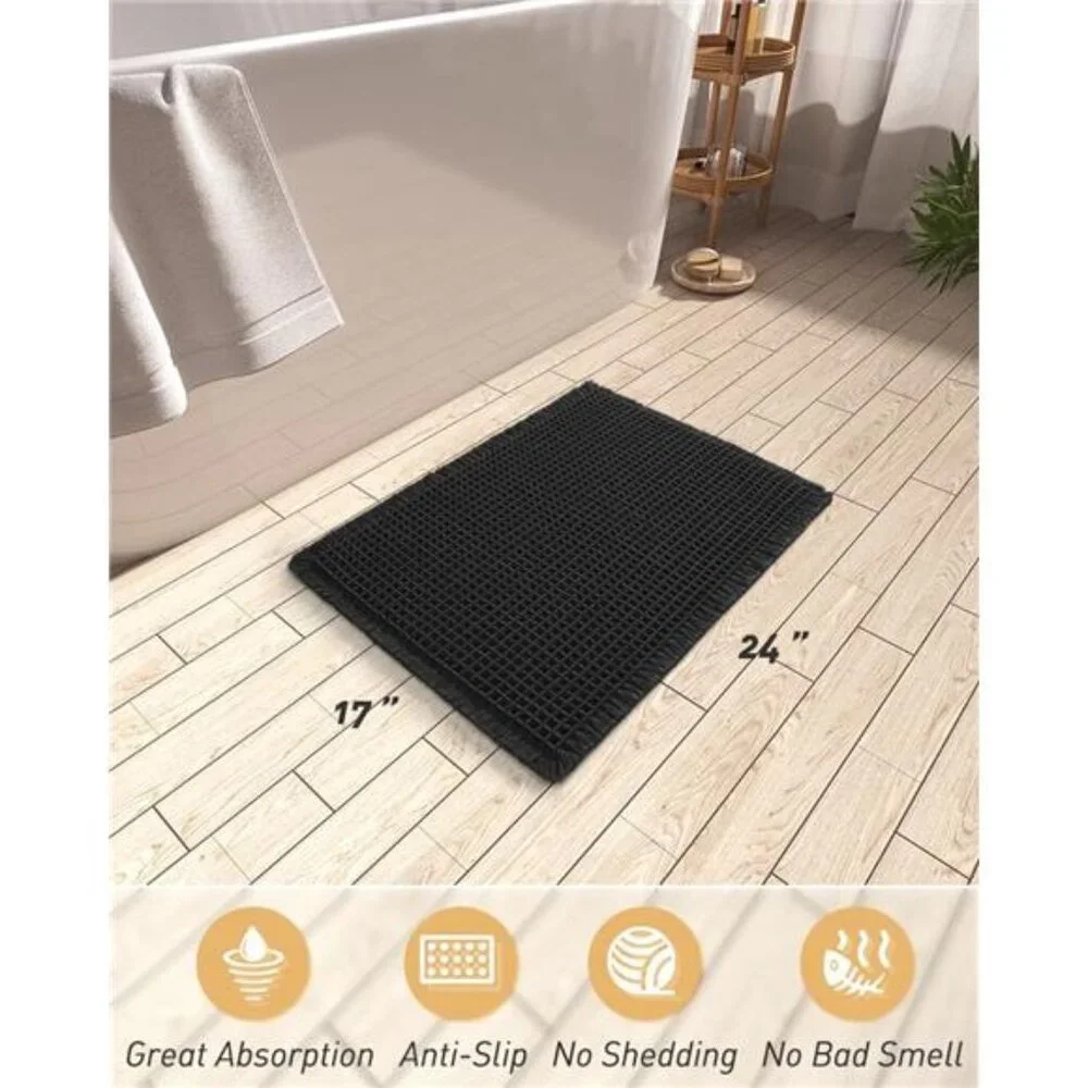 Black Waffle Bath Mat Non Slip Absorbent Soft Rubber Backed Bathroom Rug 17x24